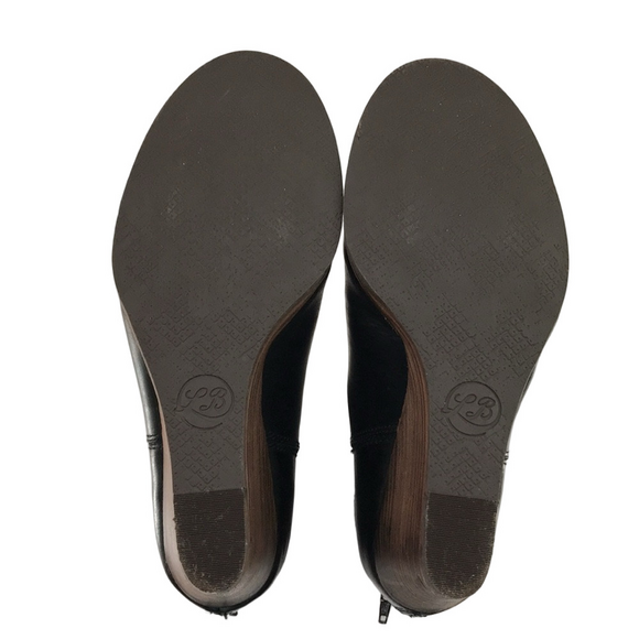 LUCKY BRAND Yolene Black Leather Ankle Booties w/3.5" Stacked Wedge Heel—Sz 9M - Picture 9 of 16